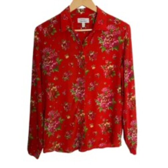 & Other Stories Red Silk Floral Button Up Blouse 6 - Picture 1 of 5